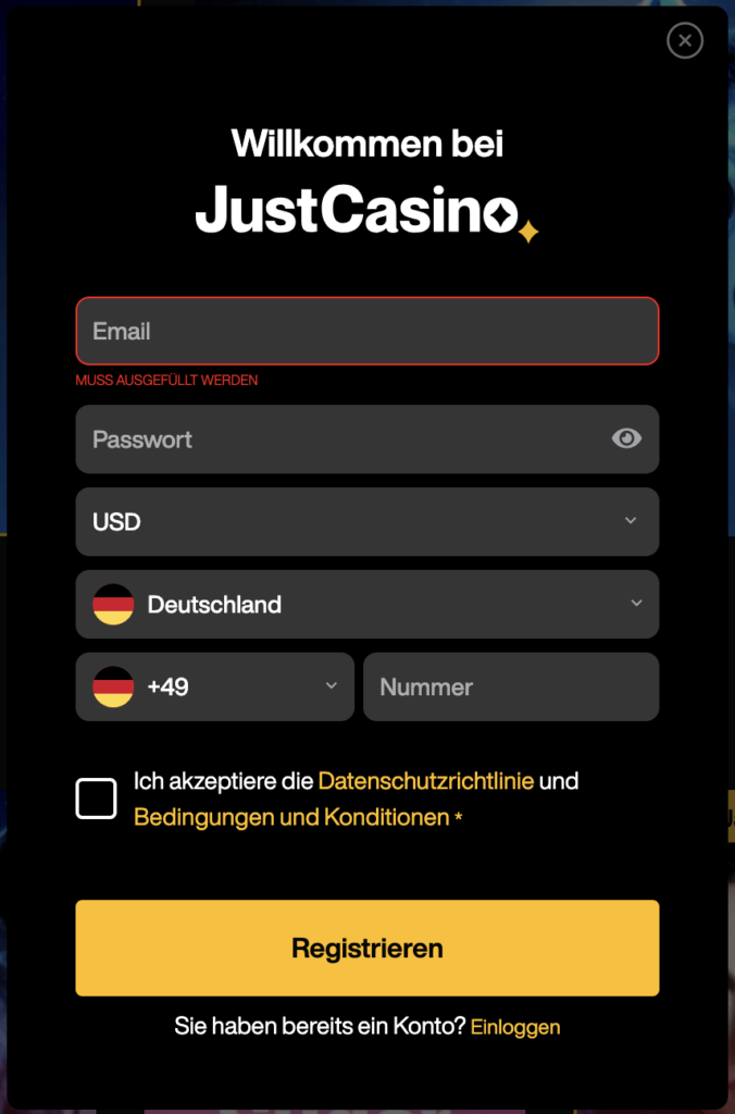 JustCasino Anmeldung